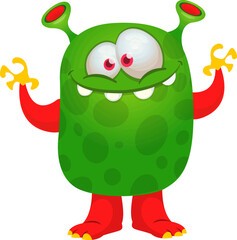 Happy cartoon alien creature waving hands. Halloween vector illustration. Great for package or party decoration
