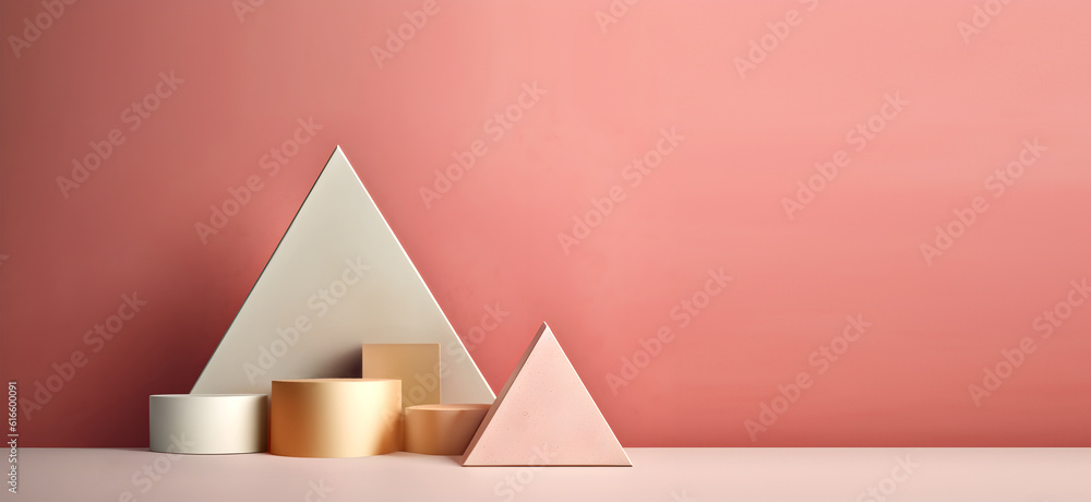 Poster abstract minimal concept. pastel triangle triangular background with podium, abstract geometric land