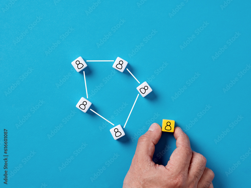 Poster social networking or organizational network. team building. adding a new member to the team. assigni