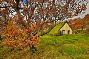 Turf Church in icelandic village of Hof, Skaftafell Iceland. A stunning grass-covered fairytail- like house 