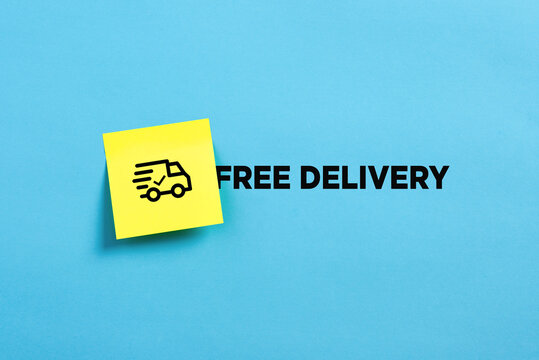 Yellow sticky note paper on blue background with the word free delivery and a truck symbol.