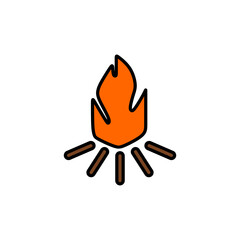 Bonfire or campfire icon in lineal color mode with orange and brown color fill. Vector illustration of summer camping equipment in trendy style. Editable graphic resources for many purposes.