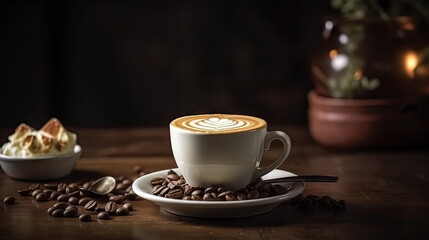 hot latte coffee with coffee beans on wood table