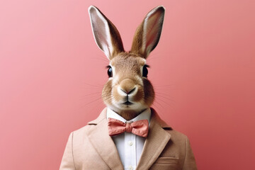 Portrait of a hare wearing suit and bow tie, Generative AI