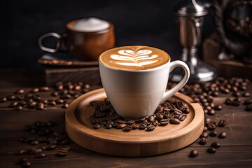 hot latte coffee with coffee beans on wood table