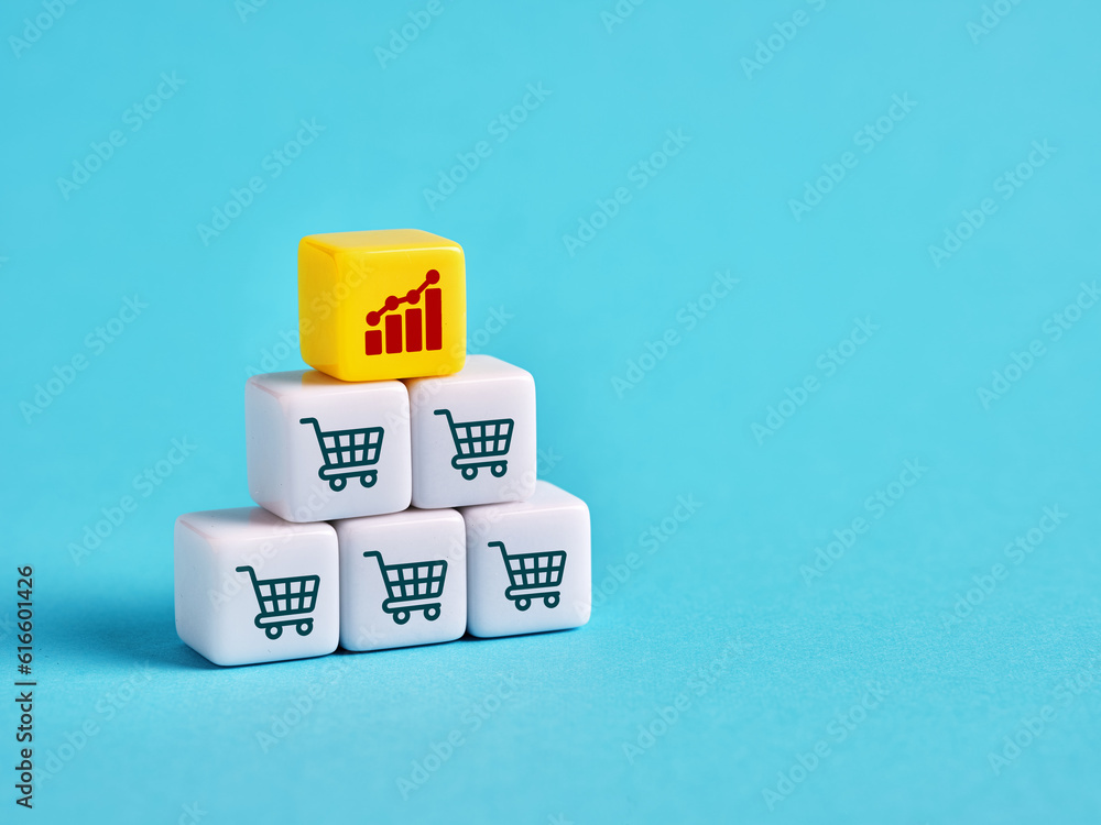 Poster increase in sales volume and business growth. shopping cart and ascending graph on cubes.
