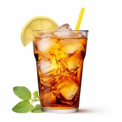glass of cola with ice and lemon isolated on the white background generative AI