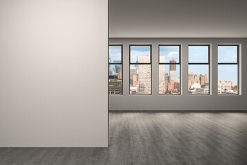 Downtown Philadelphia City Skyline Buildings from High Rise Window. Beautiful Expensive Real Estate overlooking. Empty room Interior. Mockup wall. Skyscrapers Cityscape. Day. Penn. 3d rendering.