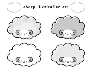 シンプルでかわいい目を閉じたモコモコの羊（正面）と吹き出しのイラストセット（白黒）