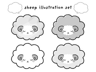 シンプルでかわいい目を閉じたモコモコの羊（正面）と吹き出しのイラストセット（白黒）