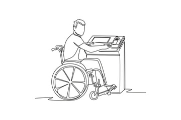 Single one line drawing Disabled person concept working in workplace. Continuous line draw design graphic vector illustration.
