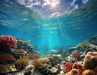 Great Barrier Reef, underwater illustration, saline, coral reef, nature, background, ocean. Generative AI.