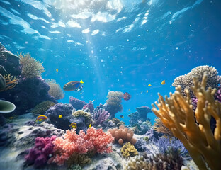Plakat Great Barrier Reef, underwater illustration, saline, coral reef, nature, background, ocean. Generative AI.