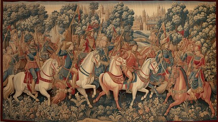 A medieval tapestry depicting a scene of knights engage