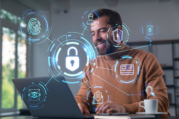 Thoughtful businessman in casual wear typing on laptop at office workplace. Concept of hard work, business education, internet surfing, information technology. Lock hologram.