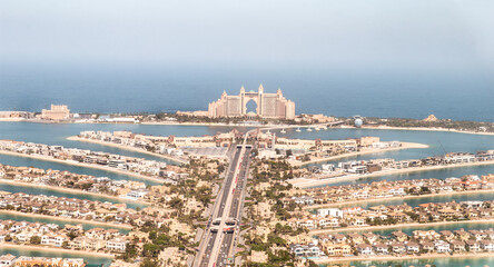 View from observation deck of the Nakheel Mall building to the Palm Jumeirah island and Atlantis Hotel in Dubai city, United Arab Emirates