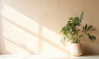 Elegant, minimalistic light beige background for interior design, product presentation, beauty, and wellness. Graceful interplay of light and shadows on the walls.