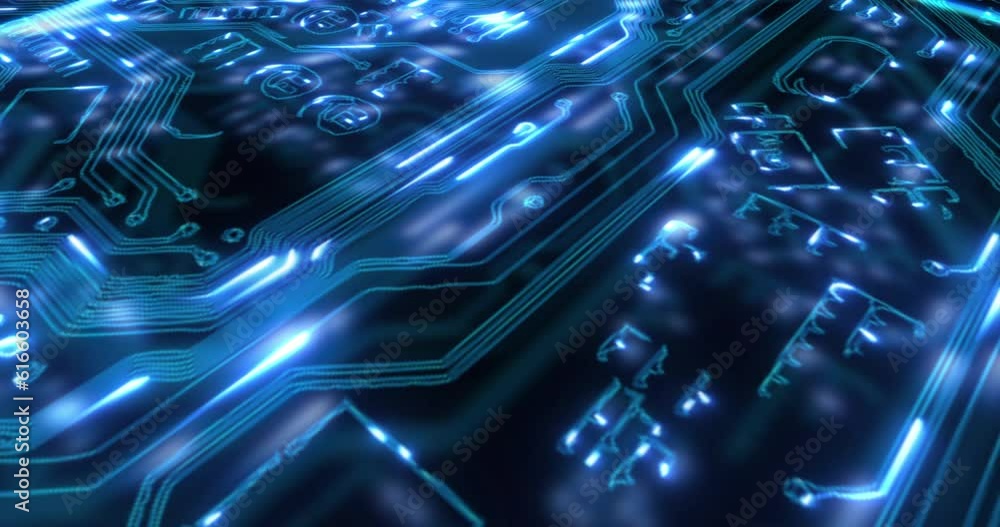 Fototapete Circuit board, microchip and hologram of digital server for programming, coding and information technology. Cybersecurity, software and closeup of processor for computer CPU, data and motherboard