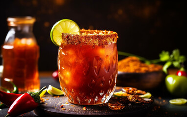 Michelagua or michelada glass with a slice of lime on the top. Mexican cold summer drink and beverage