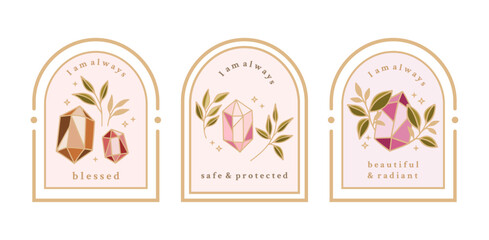 Magical crystal gemstones, leaves, florals, and frames for manifestation journal decor, sticker, logo, label with affirmations and quotes