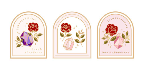 Magical crystal gemstones, rose flower, leaves, florals, and frames for manifestation journal decor, sticker, logo, label with affirmations and quotes