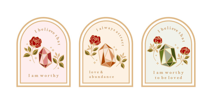 Magical crystal gemstones, rose flower, leaves, florals, and frames for manifestation journal decor, sticker, logo, label with affirmations and quotes