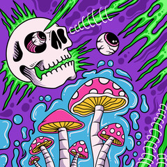 90s groovy skeleton with laser and mushrooms