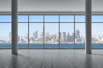 Obraz na płótnie Canvas Empty room Interior Skyscrapers View Cityscape. Downtown San Francisco City Skyline Buildings from High Rise Window. Beautiful California Real Estate. Day time. 3d rendering.