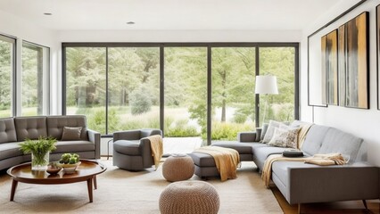 Wide Angle Shot of Modern House Sunroom Living Area with Mid-Century Minimalistic Interior Design and Open Concept Layout . High Ceiling and High Glass Windows.