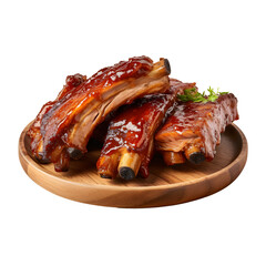 Grilled pork ribs on wood plate. isolated on white transparent background, ai generate