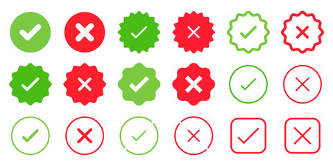 Set of Check Mark Icons. Tick and Cross Vector Signs. Yes and No labels. Approved and Rejected emblems.