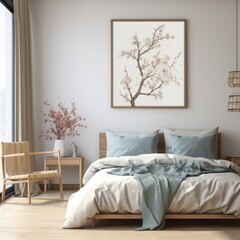 light bedroom in a scandinavian and asian style mix created using generative AI tools