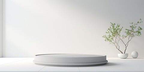 Room with pedestal podium in a minimalistic zen style. Minimal scene for product display presentation. Geometric platform stage for showcase. Generative AI