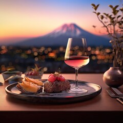 Delicious food and wine with Mt. Fuji , Japan (AI generative)