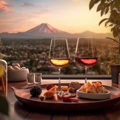 Delicious food and wine with Mt. Fuji , Japan (AI generative)