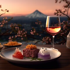Delicious food and wine with Mt. Fuji , Japan (AI generative)