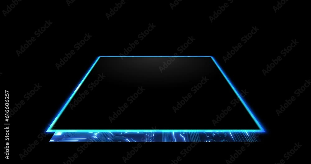 Aufkleber Circuit board, CPU microchip and digital hologram for cybersecurity, coding and programming. Information technology, computer and light stream on 3d processor, server and software on black background