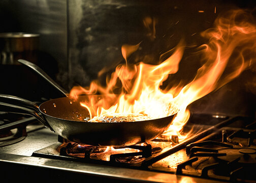Chef cooking with flame in a frying pan on a kitchen stove, Chef in restaurant kitchen at stove with pan. Generative AI