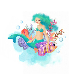 Cute mermaid with fish in corals, seaweeds, flowers, seashells design. Watercolor sea hand painted artistic card. Magic underwater world with beautiful magical woman artist illustration