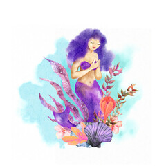 Beautiful mermaid in corals, seaweeds, flowers, shells design. Watercolor sea card. Underwater world with cheerful magic woman illustration