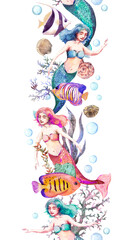 Obraz na płótnie Canvas Watercolor mermaid girls in sea vertical seamless border. Seashells, corals, seaweeds, fishes and marine women repeated frame strip. Fantasy underwater card design