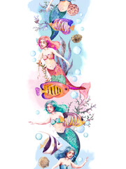 Mermaid girls sea seamless border. Sea shells, ocean corals, marine seaweeds, undersea fishes. Watercolor repeated frame strip. Beautiful underwater world card design