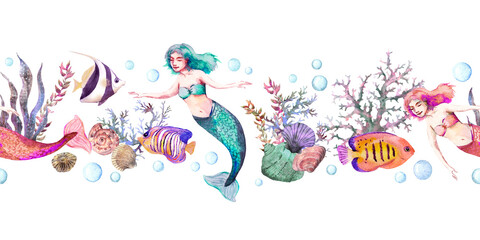 Fototapeta na wymiar Mermaids in sea with shells, corals, seaweeds, fishes seamless border. Watercolor repeated frame stripe. Beautiful underwater world card design