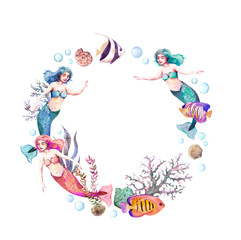Mermaid in corals with fishes. Sea wreath frame. Watercolor circle frame. Beautiful  seaweeds, flowers, shells design card. Underwater world 