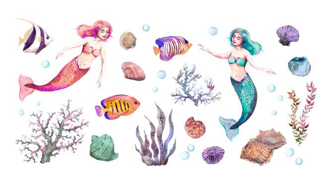 Mermaid set design. Beautiful mermaids in sea with fishes, seashells, corals, weeds. Watercolor underwater world collection for ocean undersea card 