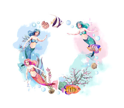 Mermaids in sea wreath circle frame. Sea shells, seaweeds and fishes. Watercolor ocean undersea corals reef design with cute fantasy mermaid. Hand painted dream marine card round border