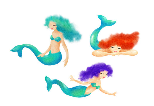 Watercolor mermaids set. Sea fairy girls character cute illustration collection