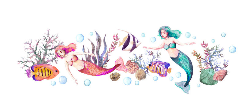 Mermaids in sea with shells, corals, seaweeds, fishes. Watercolor. Beautiful underwater world card design