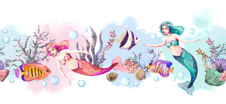 Mermaids in sea with shells, corals, seaweeds, fishes seamless border. Watercolor repeated frame stripe. Beautiful underwater world card design
