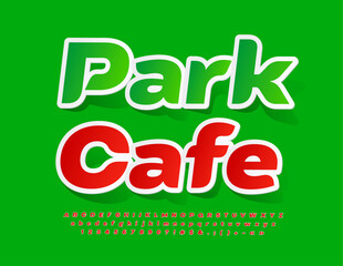 Vector advertising Flyer Park Cafe. Red Sticker Font. Stylish Alphabet Letters and Numbers set